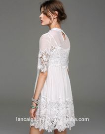 Western Women White Stand Collar Silk Embroidery Mini Dress
