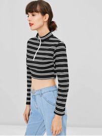 Trendy Women Clothing Stripe Long Sleeve O Ring Zip Crop Tee Top