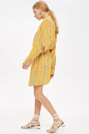 Yellow Stripe Drawstring Ladies Casual Shirt Dress Long Sleeve for Women