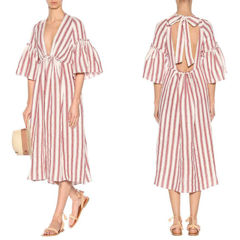 Women deep v neck stripe linen dress and unbacked